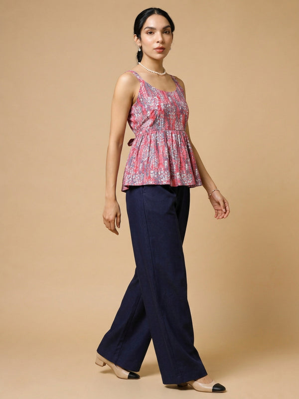 Istyle Can Peach / Navy cotton cambric peplum top and wide leg trouser co-ord set - view 9