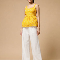 Istyle Can Yellow / Off White cotton cambric peplum top and wide leg trouser co-ord set - view 9