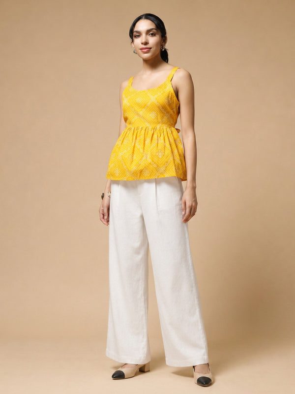 Istyle Can Yellow / Off White cotton cambric peplum top and wide leg trouser co-ord set - view 9