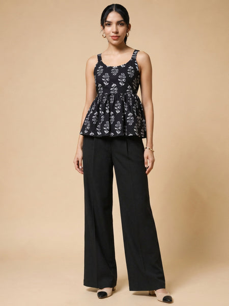 Istyle Can Black / Black cotton cambric peplum top and wide leg trouser co-ord set