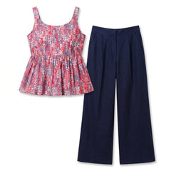 Istyle Can Peach / Navy cotton cambric peplum top and wide leg trouser co-ord set - view 2