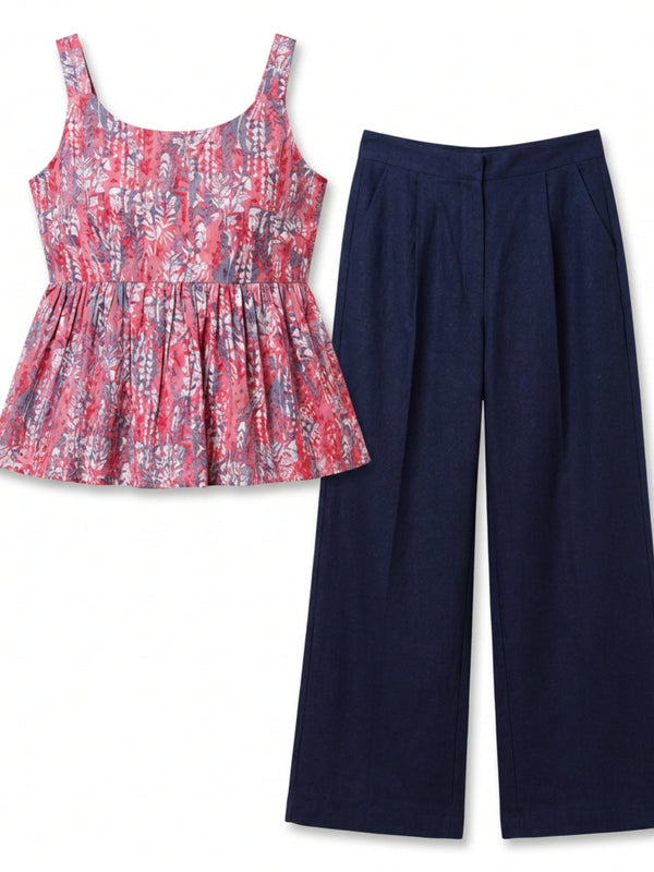 Istyle Can Peach / Navy cotton cambric peplum top and wide leg trouser co-ord set - view 2