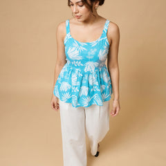 Istyle Can Sky Blue / Off White cotton cambric peplum top and wide leg trouser co-ord set - view 4