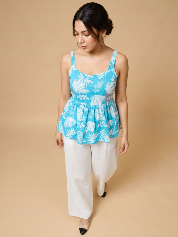Istyle Can Sky Blue / Off White cotton cambric peplum top and wide leg trouser co-ord set - view 4