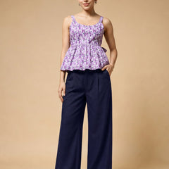 Istyle Can Purple / Navy cotton cambric peplum top and wide leg trouser co-ord set - view 9