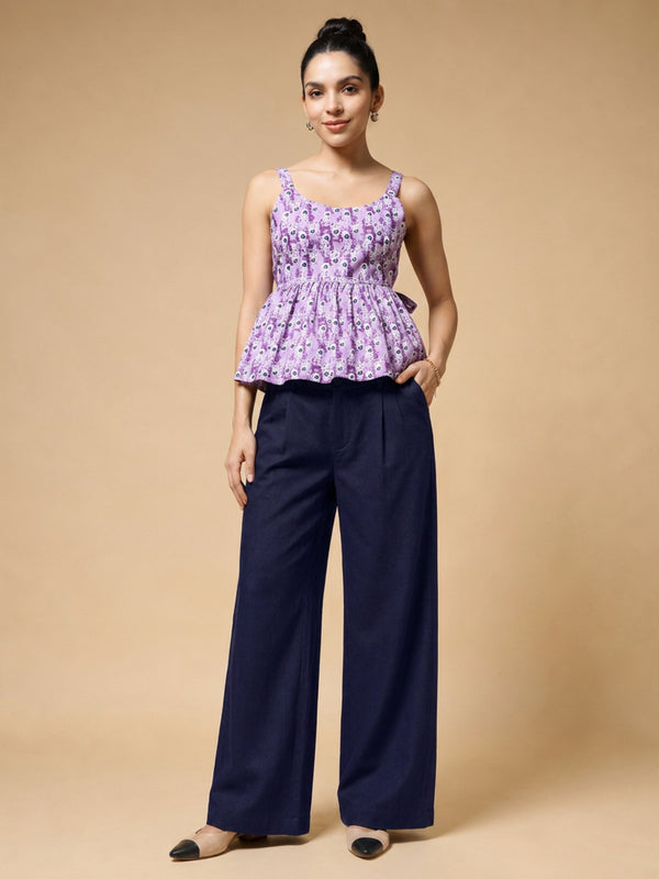 Istyle Can Purple / Navy cotton cambric peplum top and wide leg trouser co-ord set - view 9