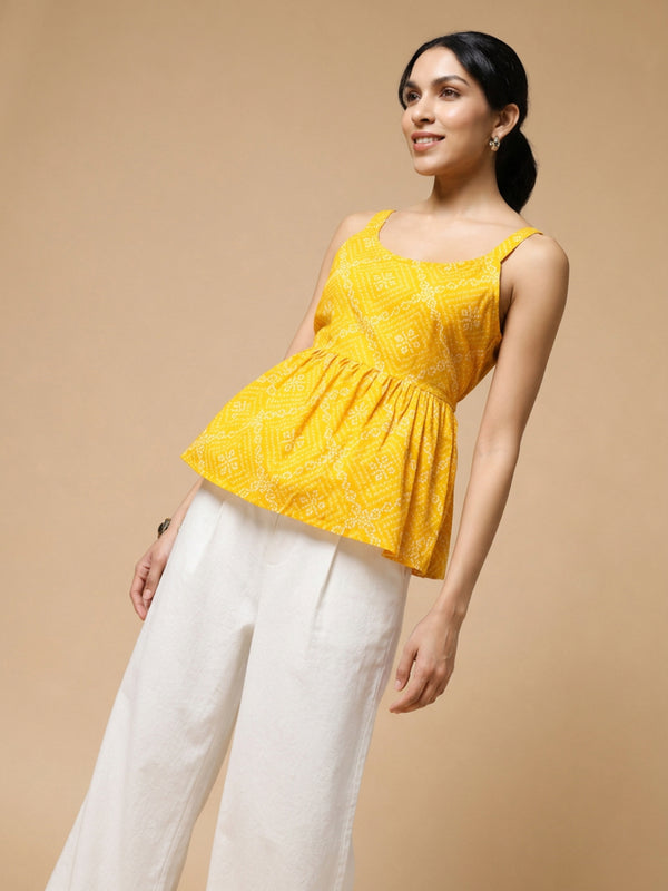 Istyle Can Yellow / Off White cotton cambric peplum top and wide leg trouser co-ord set - view 8