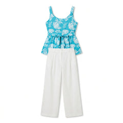 Istyle Can Sky Blue / Off White cotton cambric peplum top and wide leg trouser co-ord set - view 12