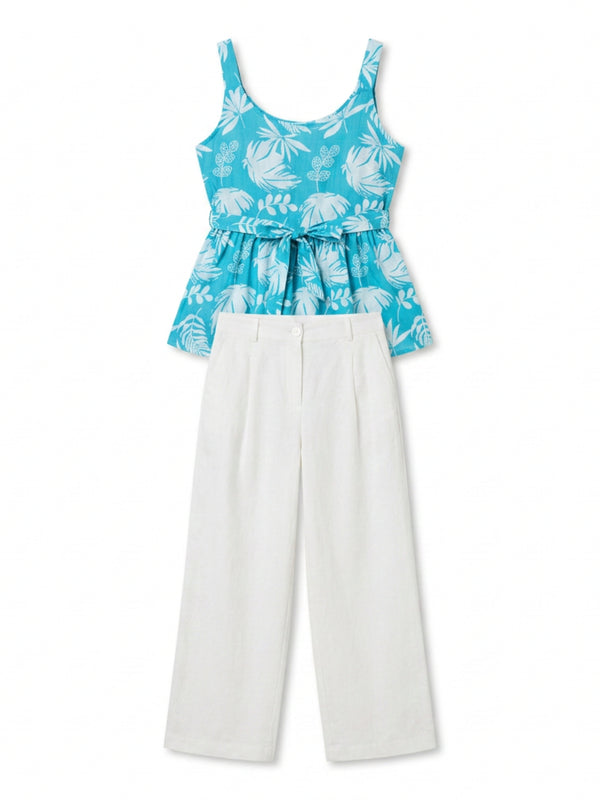 Istyle Can Sky Blue / Off White cotton cambric peplum top and wide leg trouser co-ord set - view 12