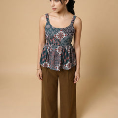 Istyle Can Green / Brown cotton cambric peplum top and wide leg trouser co-ord set - view 7