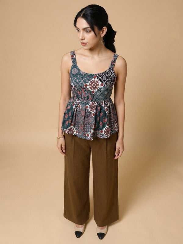 Istyle Can Green / Brown cotton cambric peplum top and wide leg trouser co-ord set - view 7
