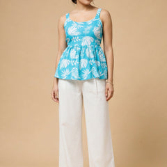 Istyle Can Sky Blue / Off White cotton cambric peplum top and wide leg trouser co-ord set