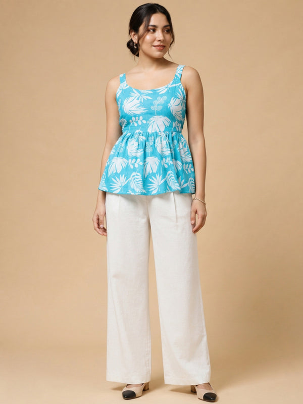 Istyle Can Sky Blue / Off White cotton cambric peplum top and wide leg trouser co-ord set