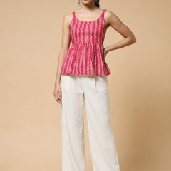 Istyle Can Pink / Off White cotton cambric peplum top and wide leg trouser co-ord set - view 8