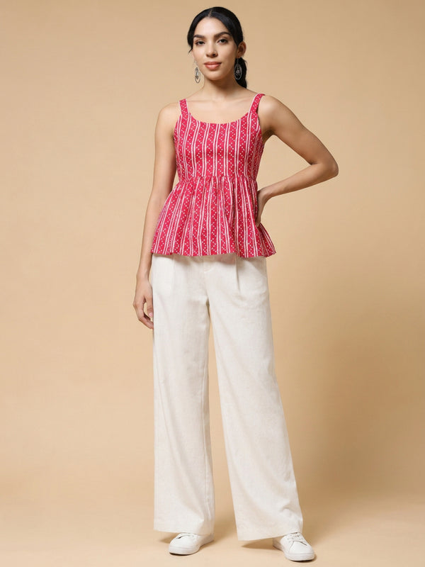 Istyle Can Pink / Off White cotton cambric peplum top and wide leg trouser co-ord set - view 8