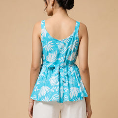 Istyle Can Sky Blue / Off White cotton cambric peplum top and wide leg trouser co-ord set - view 6