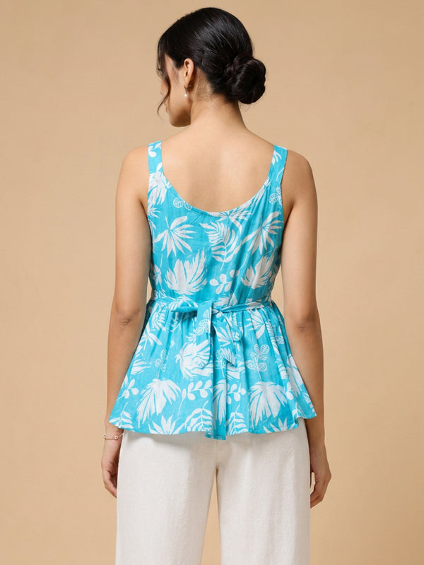 Istyle Can Sky Blue / Off White cotton cambric peplum top and wide leg trouser co-ord set - view 6
