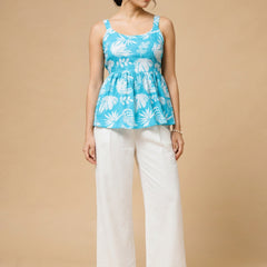 Istyle Can Sky Blue / Off White cotton cambric peplum top and wide leg trouser co-ord set - view 10