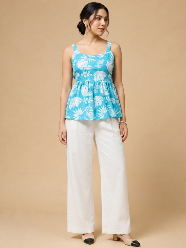 Istyle Can Sky Blue / Off White cotton cambric peplum top and wide leg trouser co-ord set - view 10