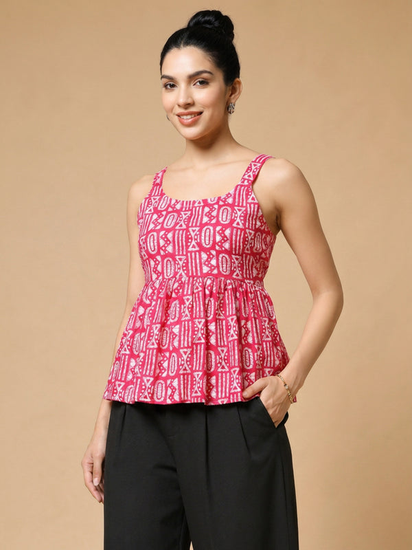 Istyle Can Pink / Black cotton cambric peplum top and wide leg trouser co-ord set - view 3