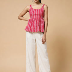 Istyle Can Pink / Off White cotton cambric peplum top and wide leg trouser co-ord set
