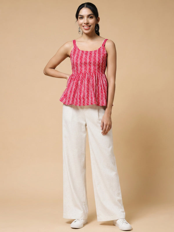 Istyle Can Pink / Off White cotton cambric peplum top and wide leg trouser co-ord set