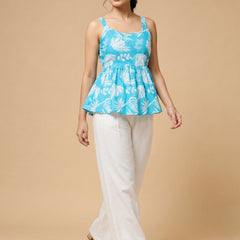 Istyle Can Sky Blue / Off White cotton cambric peplum top and wide leg trouser co-ord set - view 8