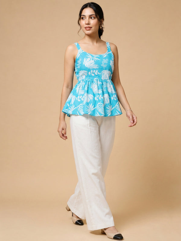 Istyle Can Sky Blue / Off White cotton cambric peplum top and wide leg trouser co-ord set - view 8