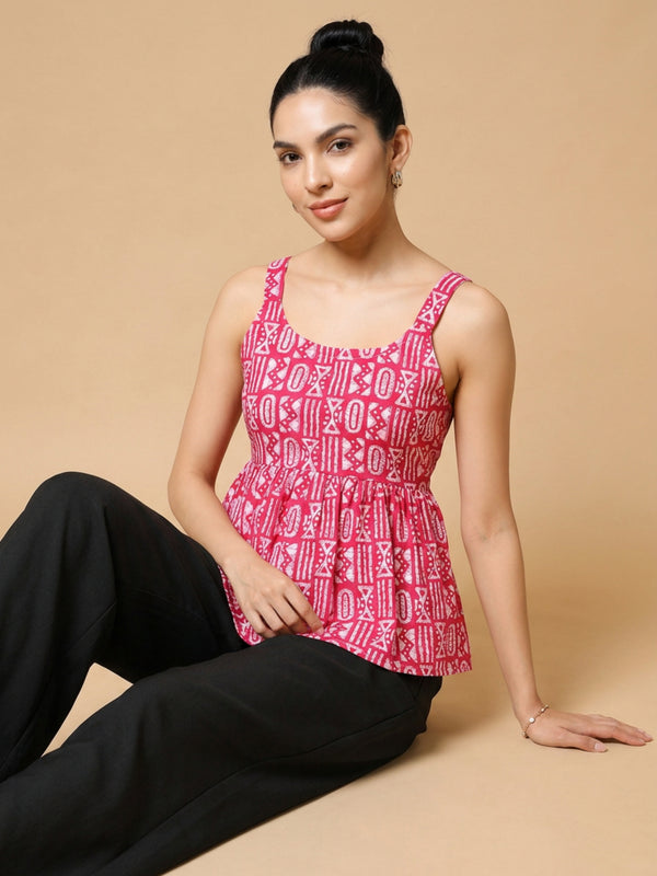 Istyle Can Pink / Black cotton cambric peplum top and wide leg trouser co-ord set - view 10