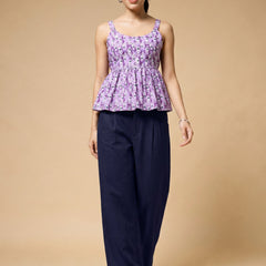 Istyle Can Purple / Navy cotton cambric peplum top and wide leg trouser co-ord set - view 8