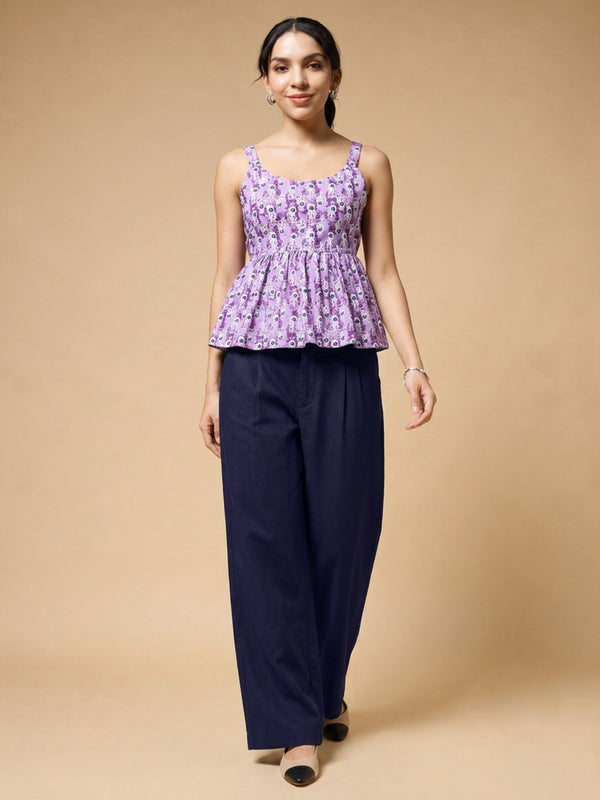 Istyle Can Purple / Navy cotton cambric peplum top and wide leg trouser co-ord set - view 8