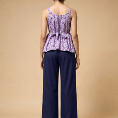 Istyle Can Purple / Navy cotton cambric peplum top and wide leg trouser co-ord set - view 6