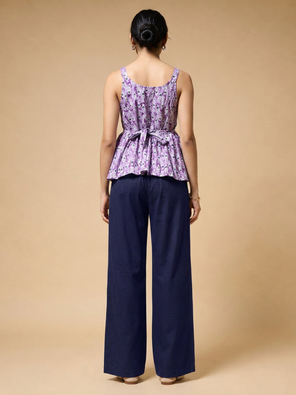 Istyle Can Purple / Navy cotton cambric peplum top and wide leg trouser co-ord set - view 6