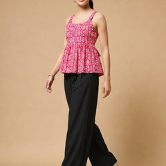 Istyle Can Pink / Black cotton cambric peplum top and wide leg trouser co-ord set - view 2