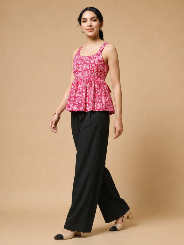 Istyle Can Pink / Black cotton cambric peplum top and wide leg trouser co-ord set - view 2