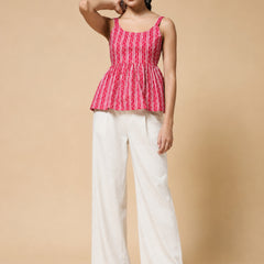 Istyle Can Pink / Off White cotton cambric peplum top and wide leg trouser co-ord set - view 2