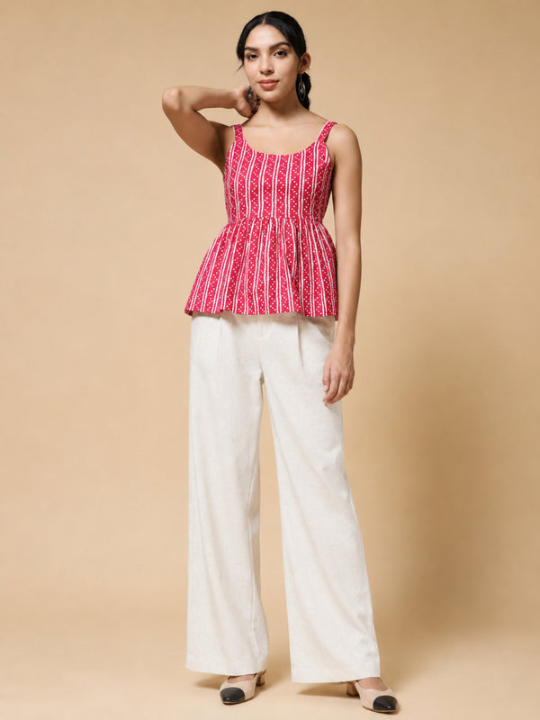 Istyle Can Pink / Off White cotton cambric peplum top and wide leg trouser co-ord set - view 2