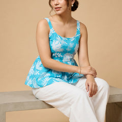 Istyle Can Sky Blue / Off White cotton cambric peplum top and wide leg trouser co-ord set - view 5
