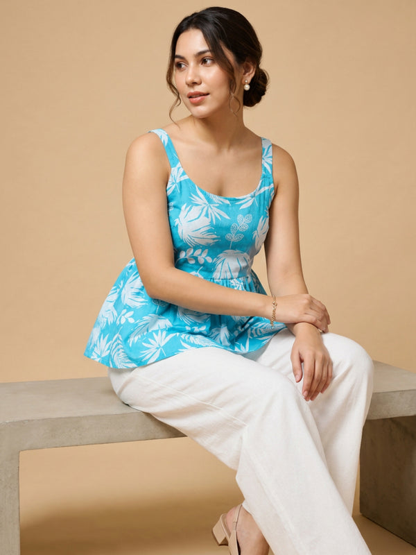Istyle Can Sky Blue / Off White cotton cambric peplum top and wide leg trouser co-ord set - view 5