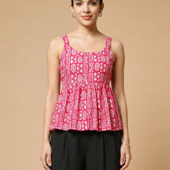 Istyle Can Pink / Black cotton cambric peplum top and wide leg trouser co-ord set - view 6