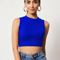 Istyle Can Women Royal Blue Ribbed Round Neck Sleeveless Crop Top - Front