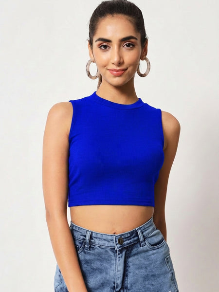 Istyle Can Women Royal Blue Ribbed Round Neck Sleeveless Crop Top - Front