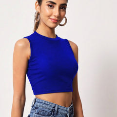 Royal Blue Ribbed Round Neck Crop Top - Detail 2