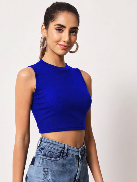 Royal Blue Ribbed Round Neck Crop Top - Detail 2