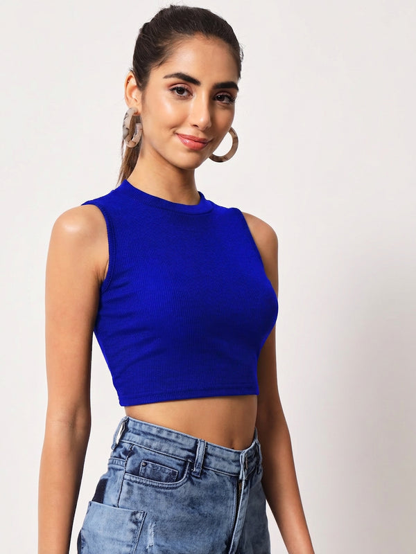 Royal Blue Ribbed Round Neck Crop Top - Detail 2