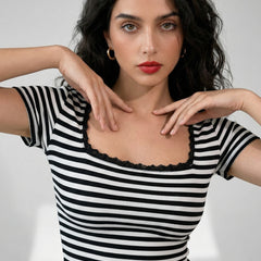 Black with White Stripe crop top view 5