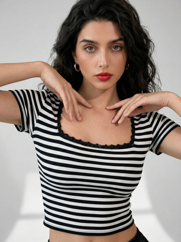 Black with White Stripe crop top view 5