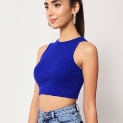 Royal Blue Ribbed Crew Neck Crop Top - Detail 6
