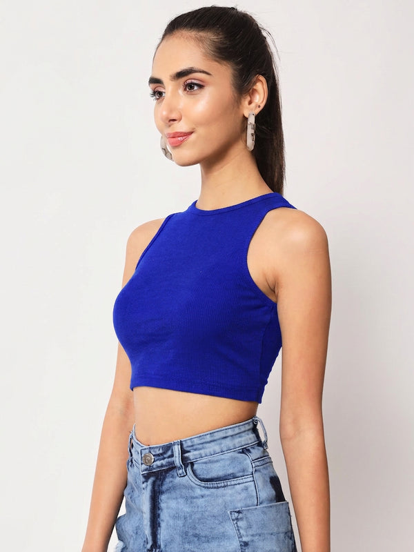 Royal Blue Ribbed Crew Neck Crop Top - Detail 6