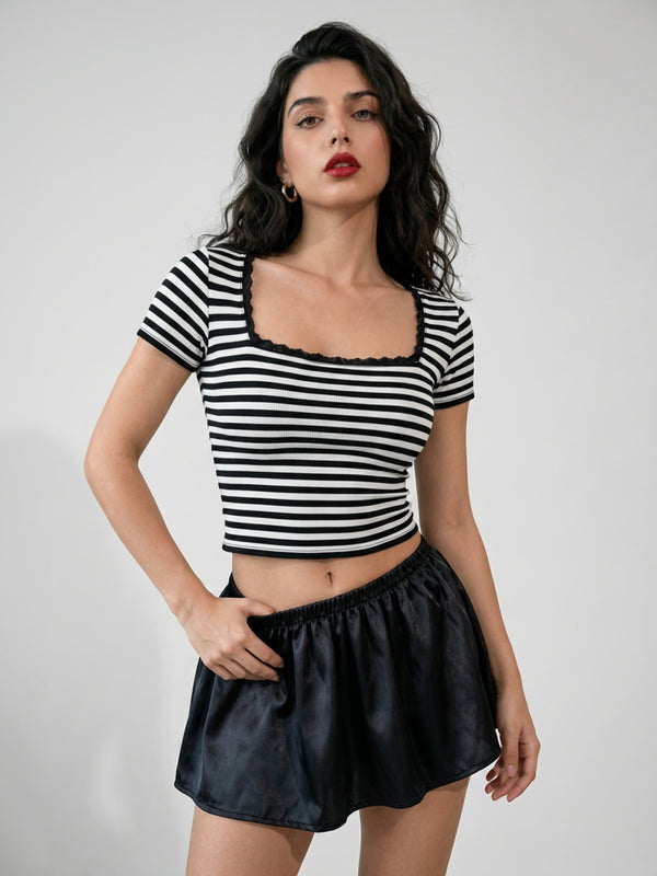 Black with White Stripe crop top view 9